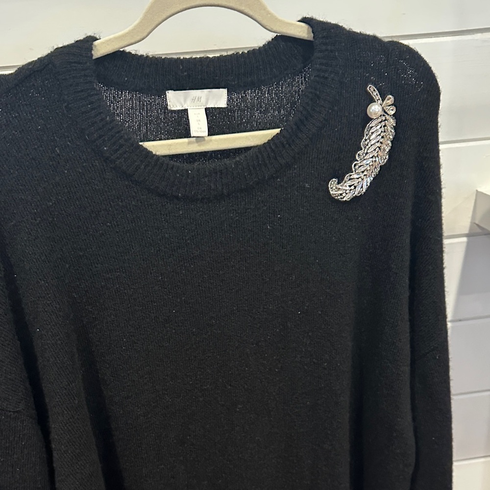 H&M Black Sweater with Elegant Feather Crystal Accent